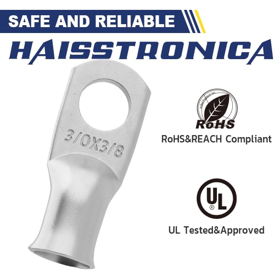 haisstronica 10pcs 3/0 AWG - 3/8"(M10) Tinned Copper Battery Lugs