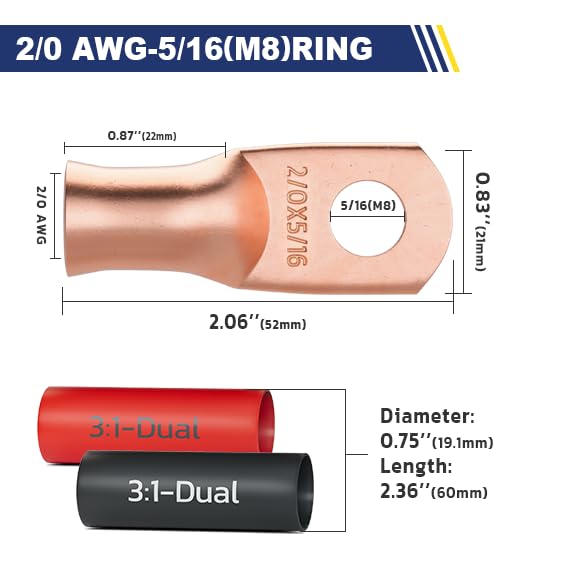 haisstronica 10pcs 2/0 AWG - 5/16"(M8) Battery Cable Lugs, Heavy Duty Copper Wire Lugs with 10pcs 3:1 Adhesive Heat Shrink Tubing, 00 Gauge Wire Lugs, Battery Terminal Connector, Battery Cable Ends