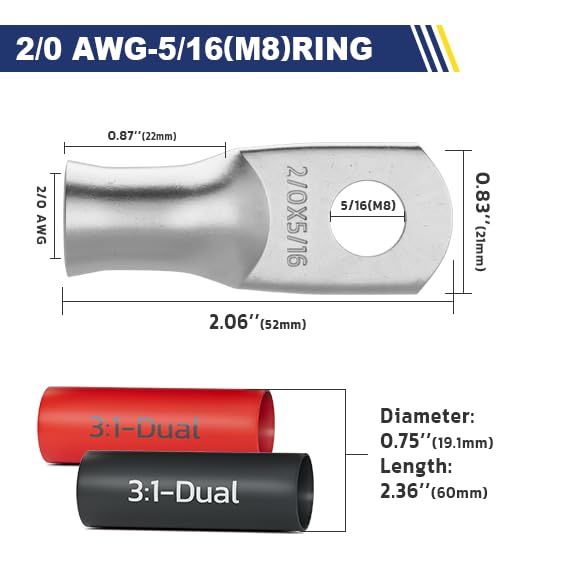 haisstronica 10pcs 2/0 AWG - 5/16"(M8) Tinned Copper Battery Lugs