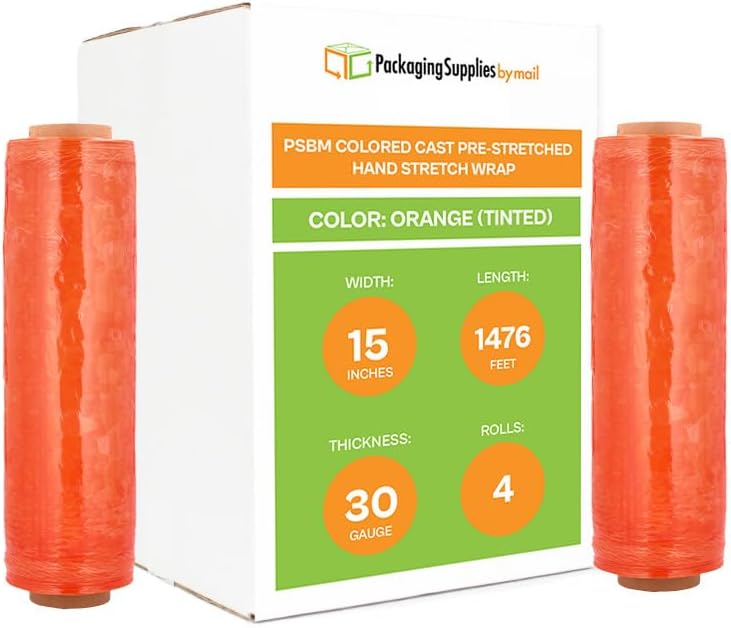 PSBM Orange Stretch Wrap, 15 Inch x 1476 Feet, 4 Pack, Tinted Pre-Stretched Shrink Wrap Film for Moving, Packaging, Pallet Wrapping