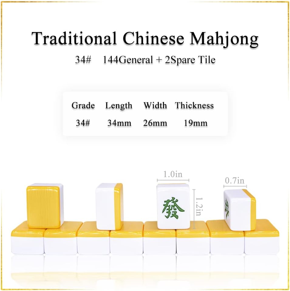 drizzle Chinese Mahjong Game Set - 146 Medium Size Tiles 1.3inch with Instructions - Professional Mah Jong Play Yellow [專業中式麻將]
