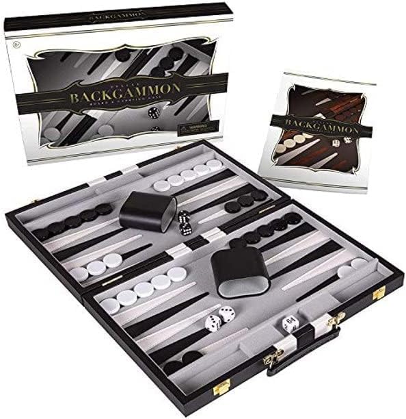 Backgammon Set 18 inch, Large - Classic Board Game for Adults and Kids with Premium Leather Case - Includes Strategy & Tip Guide (Black)
