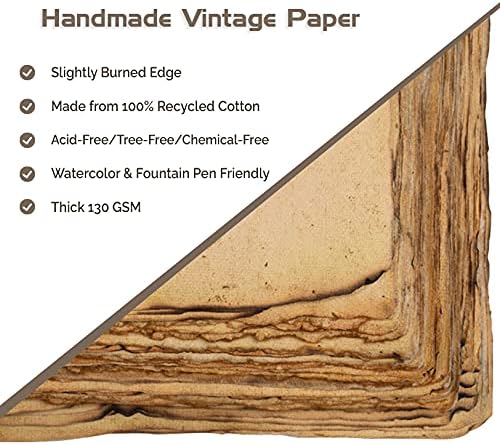 Wanderings Handmade Antique Blank Paper with Slightly Burned Edge, A4 Size, Package of 50 - Recycled Watercolor Mixed Media Loose Leaf Paper for Writers Invitations Crafts Thick 150 GSM - 8.25x11.7