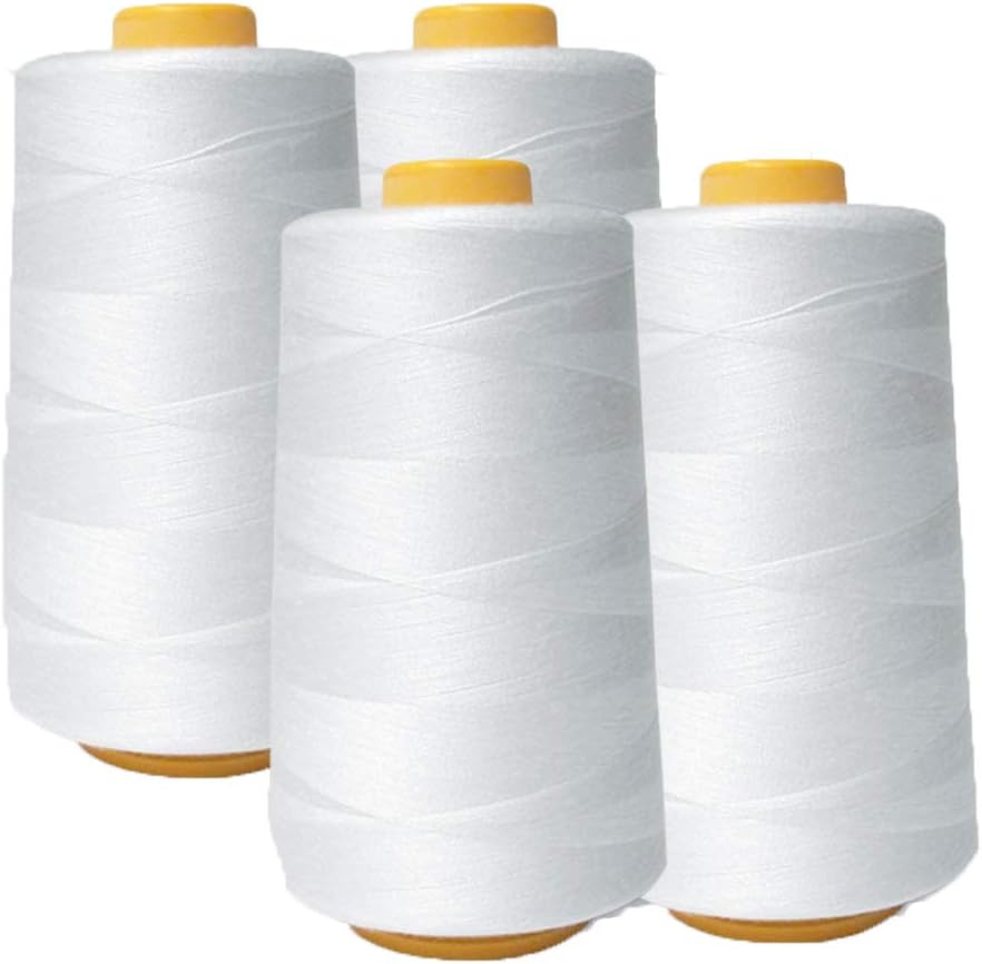 AK Trading 4-Pack White All Purpose Sewing Thread Cones (6000 Yards Each) of High Tensile Polyester Thread Spools for Sewing, Quilting, Serger Machines, Overlock, Merrow & Hand Embroidery