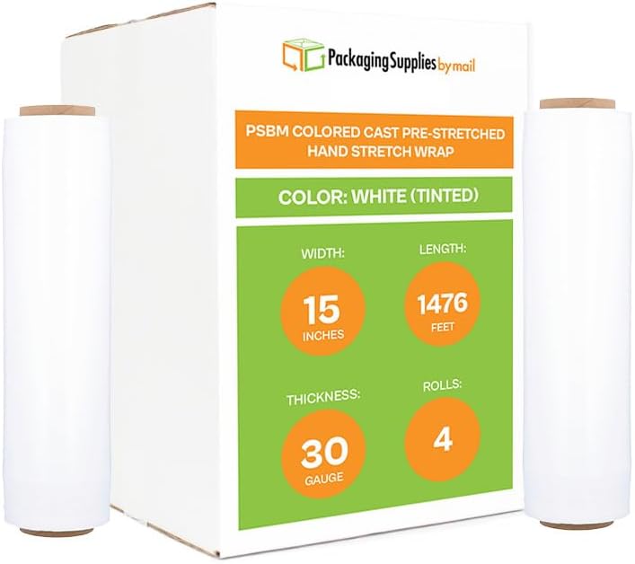 PSBM White Stretch Wrap, 15 Inch x 1476 Feet, 4 Pack, Tinted Pre-Stretched Shrink Wrap Film for Moving, Packaging, Pallet Wrapping