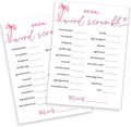 Bridal Shower Games Cards, Bridal Word Scramble, 25 Cards with 1 Answer Card, Engagement Party Games for Guests, Pink Ribbon Bow Wedding Party Supplies - E14