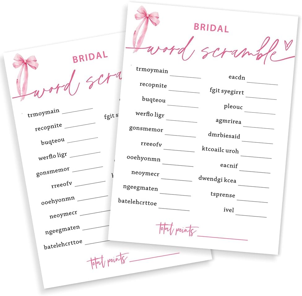 Bridal Shower Games Cards, Bridal Word Scramble, 25 Cards with 1 Answer Card, Engagement Party Games for Guests, Pink Ribbon Bow Wedding Party Supplies - E14