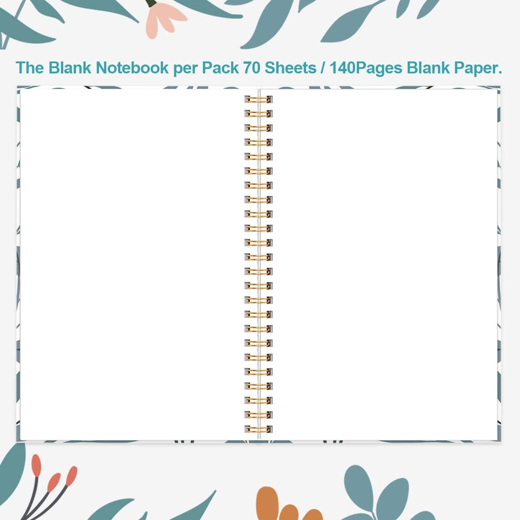 (3-Pack) A5 Blank Notebook - 70 Sheets/140 Pages Per Blank Paper Notebook, 100 GSM Thick White Paper, 5.8" x 8.3" Spiral Blank Journal, Flowers