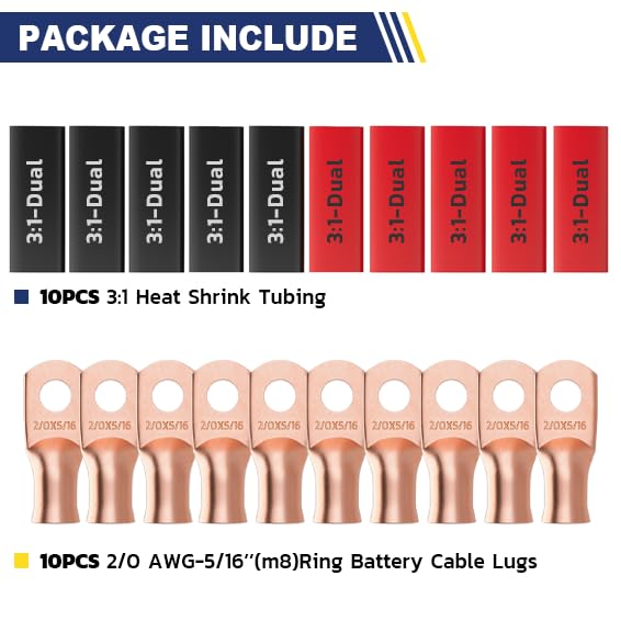 haisstronica 10pcs 2/0 AWG - 5/16"(M8) Battery Cable Lugs, Heavy Duty Copper Wire Lugs with 10pcs 3:1 Adhesive Heat Shrink Tubing, 00 Gauge Wire Lugs, Battery Terminal Connector, Battery Cable Ends