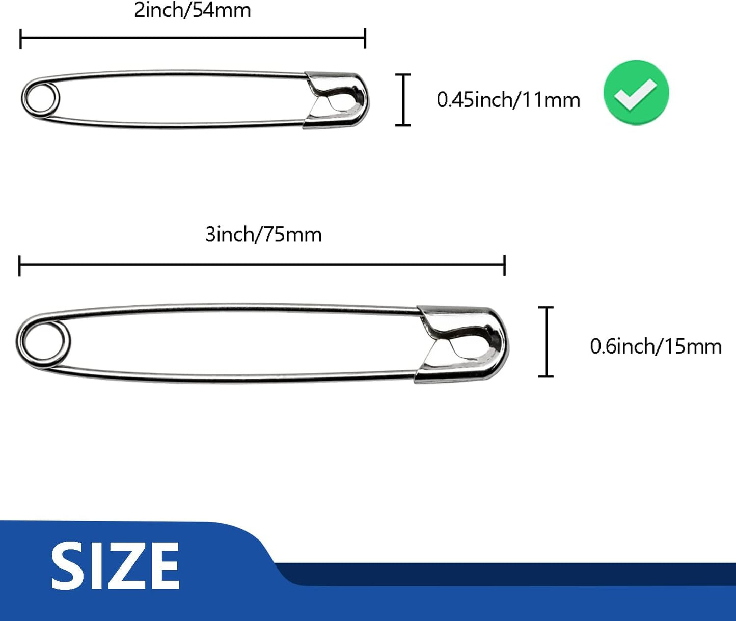 ZIPCCI 2 inch Safety Pins, 200Pcs Large Safety Pins Heavy Duty, Steel Wire