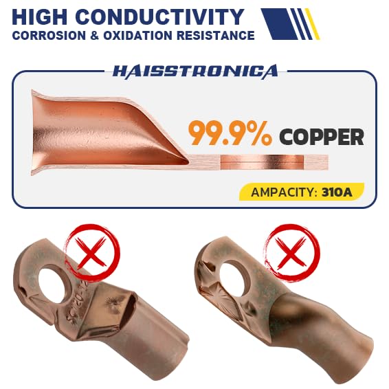 haisstronica 10pcs 3/0 AWG - 3/8"(M10) Tinned Copper Battery Lugs