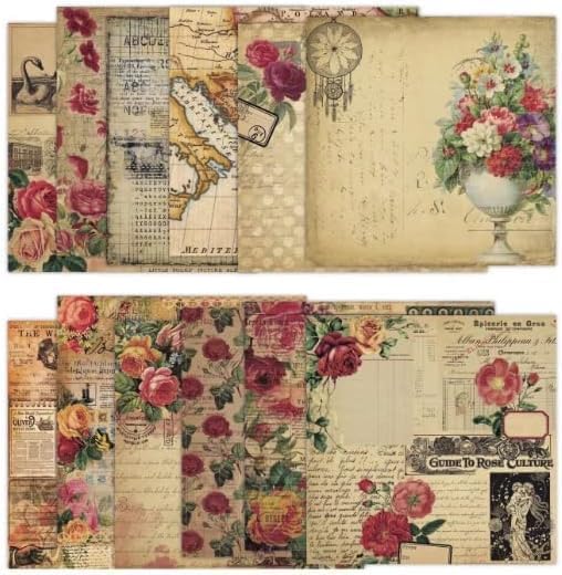 Vintage Scrapbook Paper 12 ×12 - 24Sheets Double-Sided Retro Rose Patterned Paper Junk Journaling Scrapbooking CardStock Papers Pad for Cardmaking DIY Origami Craft Papers.
