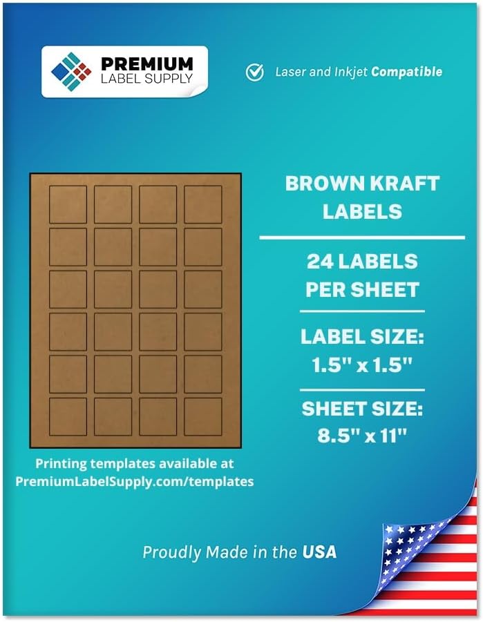 Premium Label Supply Brown Kraft Sticker Square Labels – 1.5" x 1.5" – Laser/Inkjet Compatible – (24 per Sheet), 25 Sheets – 600 Total Adhesive Labels