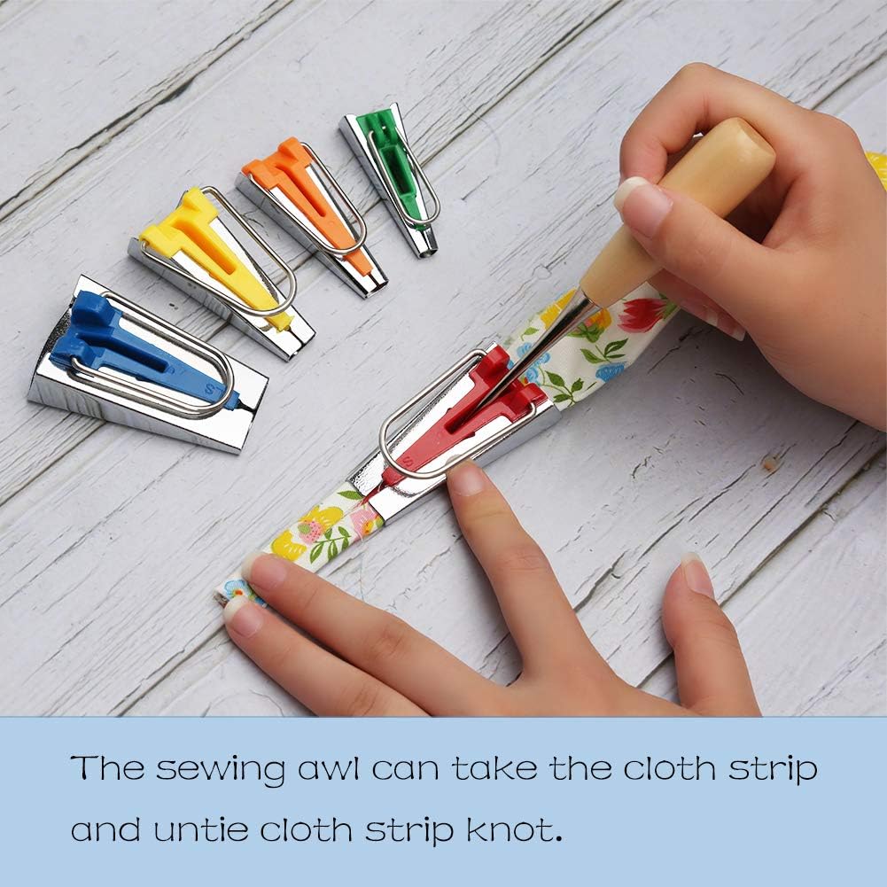 LUNARM Bias Tape Tool Kit with Instruction, 5 Sizes Bias Tape Maker (6mm 9mm 12mm 18mm 25mm) with 4 Pcs Sewing Machine Presser Foot, Sewing Clips, Ball Point Pins, Awl, for Fabric Sewing and Quilting