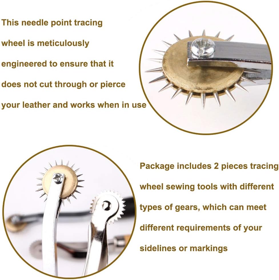 LUNARM 2 PCS Tracing Wheel - Professional Stitch Marking Spacer, 4mm and 2mm Leather Needle Point Tracing Wheel with Wooden Handle for Arts and Leather Crafts