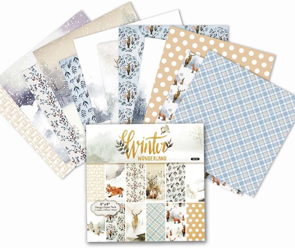 Winter Woodland Scrapbook Paper Pad 6x6 Inch – 24 Sheets (12 Double-Sided Designs) | Deer, Fox, Polar Bear, Plaid & Holiday Pattern Cardstock for Card Making, Scrapbooking & Junk Journals