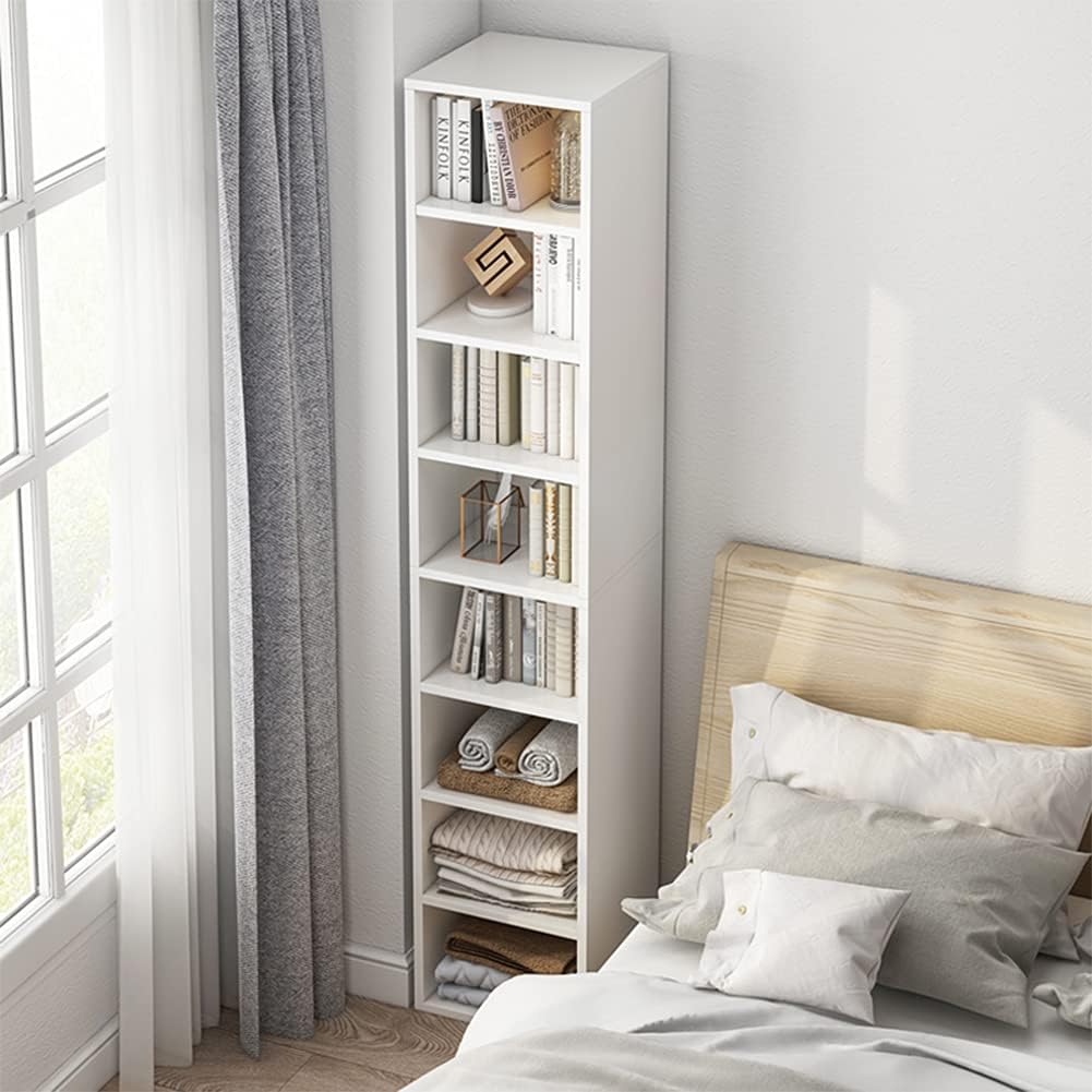 IOTXY Small Narrow Corner Bookcase - 47 Inches Tall Gap Freestanding Storage Cabinet, 4 Lattices Open Shelves Tower Rack with Door, Cubes Bookshelf in Oak