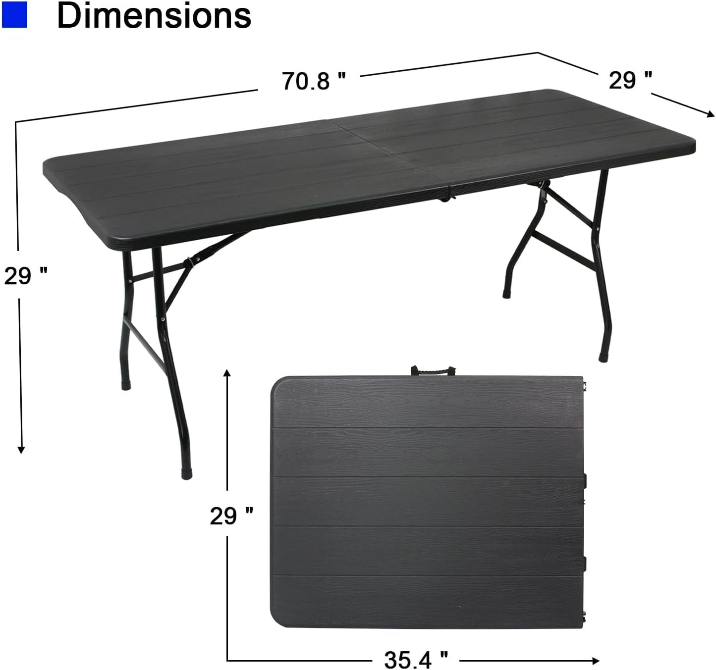2-PCS 70.8" W X 29" D X 29" H - 6 ft Black Folding Table Heavy Duty Portable, Plastic Folding Utility Folding Table for Camping, Picnics & Parties