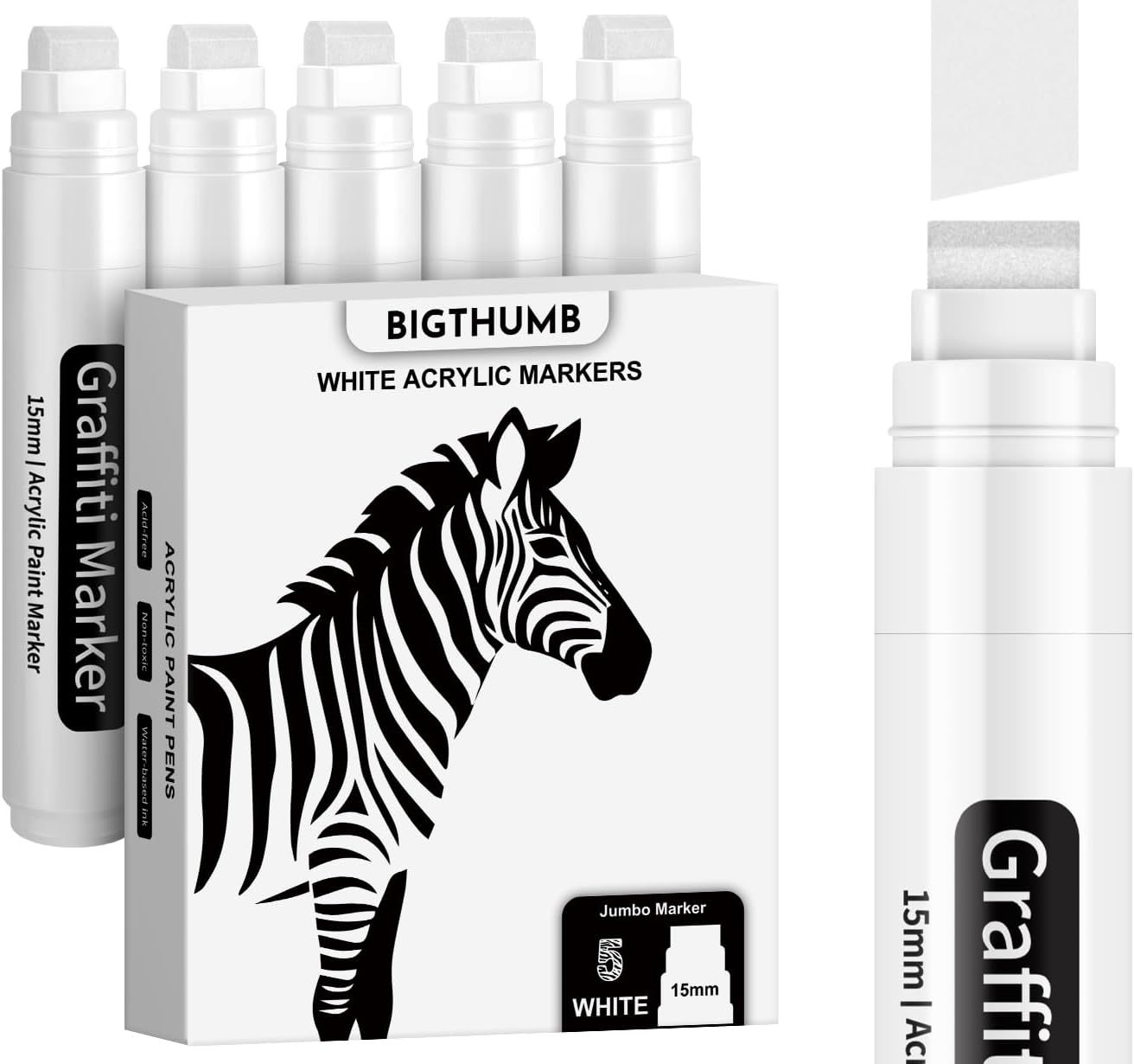 White Poster Markers Jumbo Paint Pen: 5 pcs 15mm Wide Tip Thick Acrylic Paint Pen Large Graffiti Markers for Rock Painting, Stone, Sign, Canvas, Glass, Wood, Ceramic