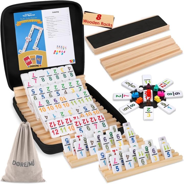 Mexican Train Dominoes Set Numbers and 8 Wooden Holders, Double 12 Travel Domino Train Game with 91 Colored Tiles and Protable Case, Number Domino Set for Kids, Adults Family Board Team Games