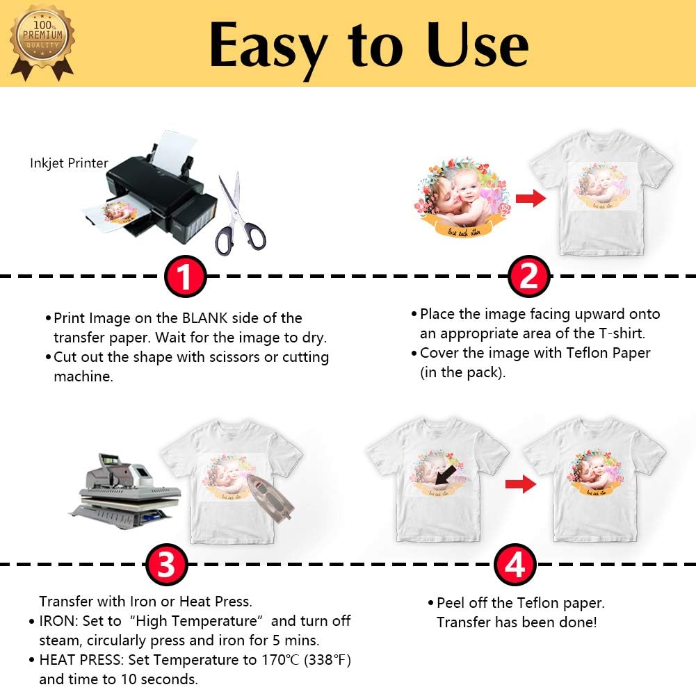 TransOurDream Upgraded Heat Transfer Paper for T Shirts (100 Sheets, 8.5x11") Iron on Transfers for Light Fabric Printable Heat Transfer Vinyl for Inkjet Printer (TOD-L2-100)