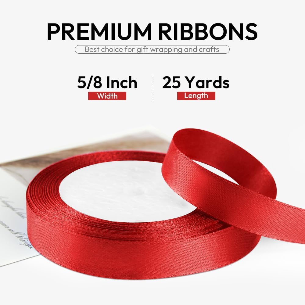 5/8 Inch 25 Yards Satin Ribbon Red, Solid Color Fabric Ribbon for Gift Wrapping, Wedding, Polyester Gift Ribbon for Birthday Party Decoration, Craft, Hair, Floral, Sewing
