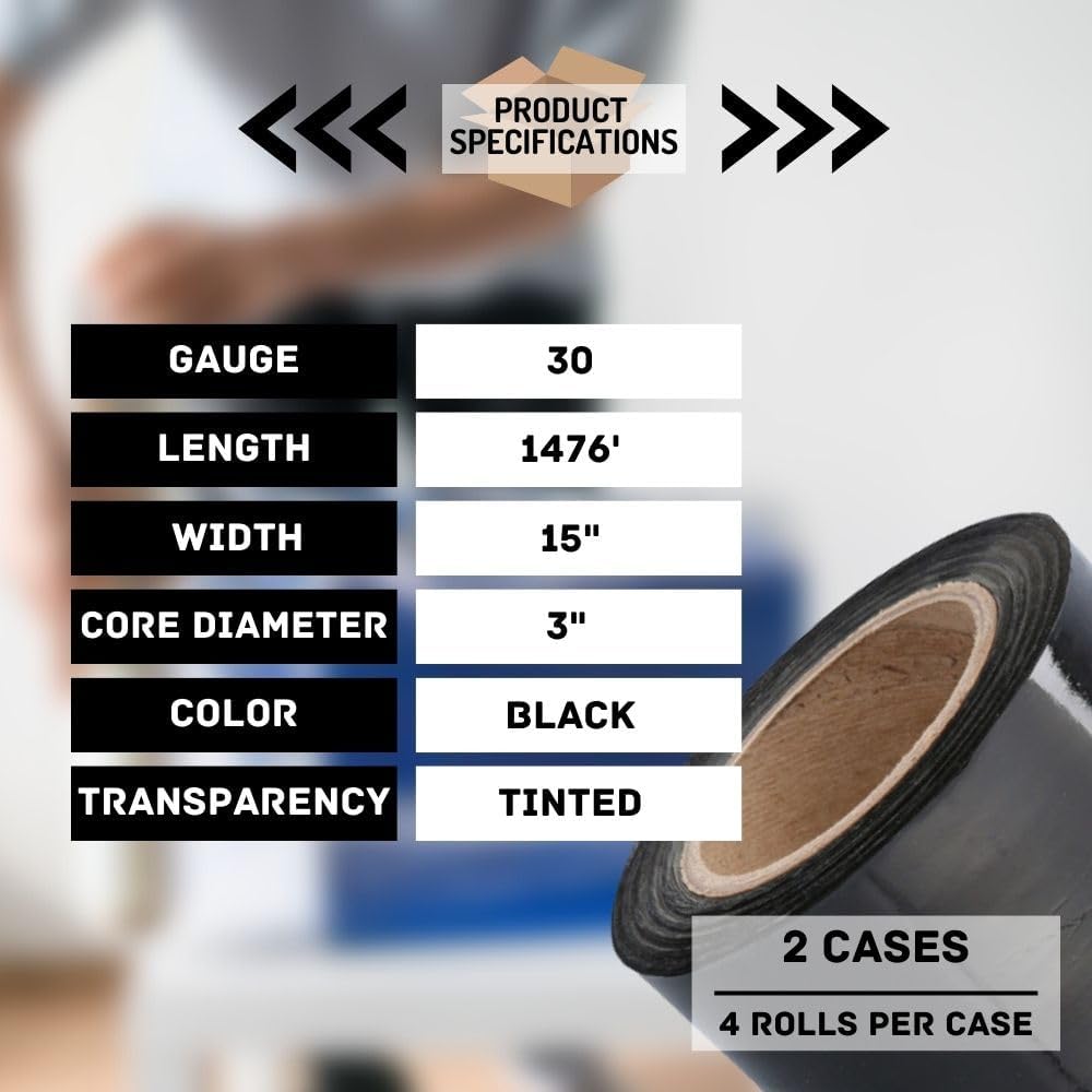 PSBM Black Stretch Wrap, 15 Inch x 1476 Feet, 8 Pack, Tinted Pre-Stretched Shrink Wrap Film for Moving, Packaging, Pallet Wrapping