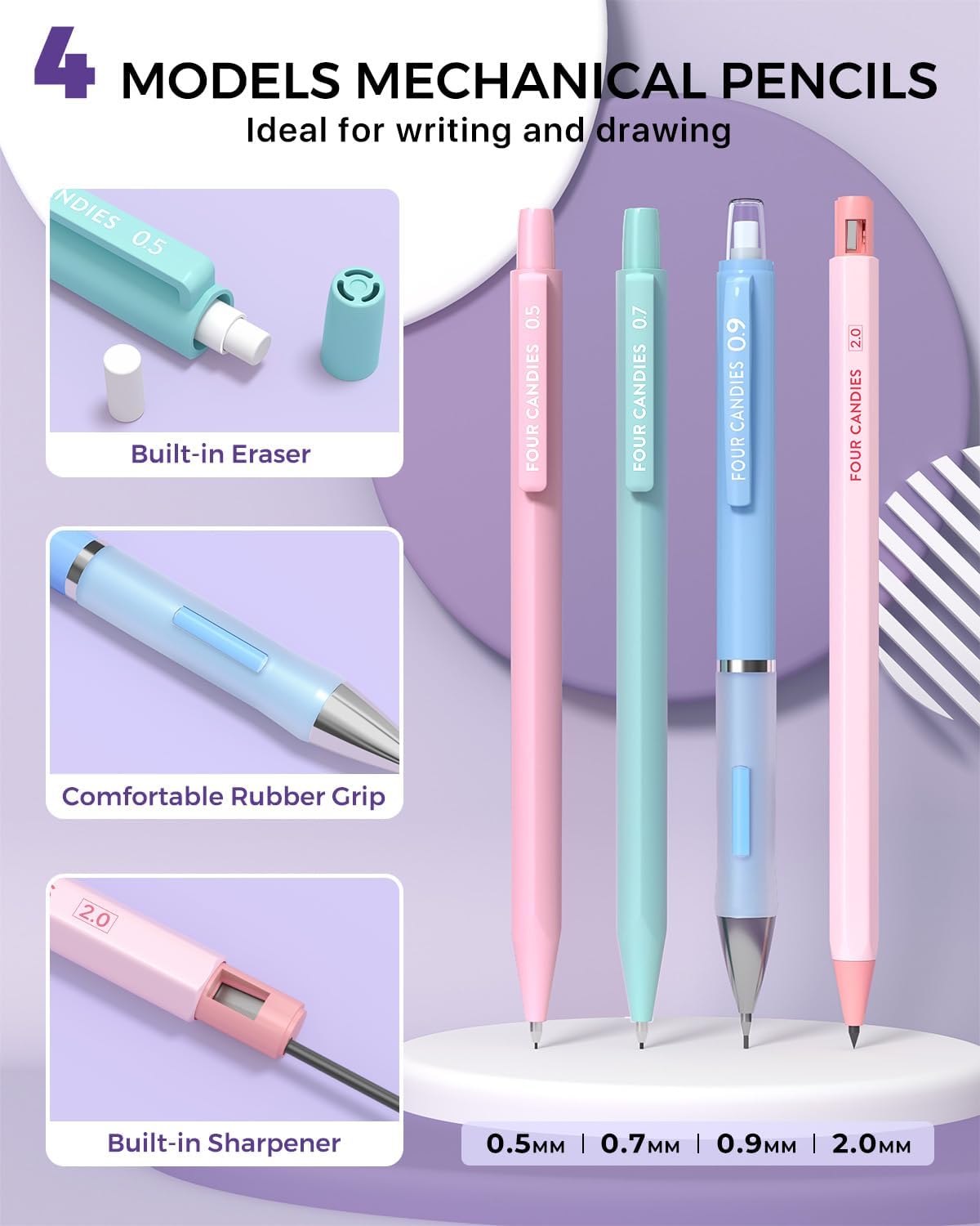 Four Candies 36PCS Aesthetic School Supplies, Mechanical Pencil Set 0.5mm, 0.7mm, 0.9mm & 2.0mm with 624 Lead Refills, Back to School Supplies for Writing & Drawing, Ideal Stationary Set Gift (Purple)