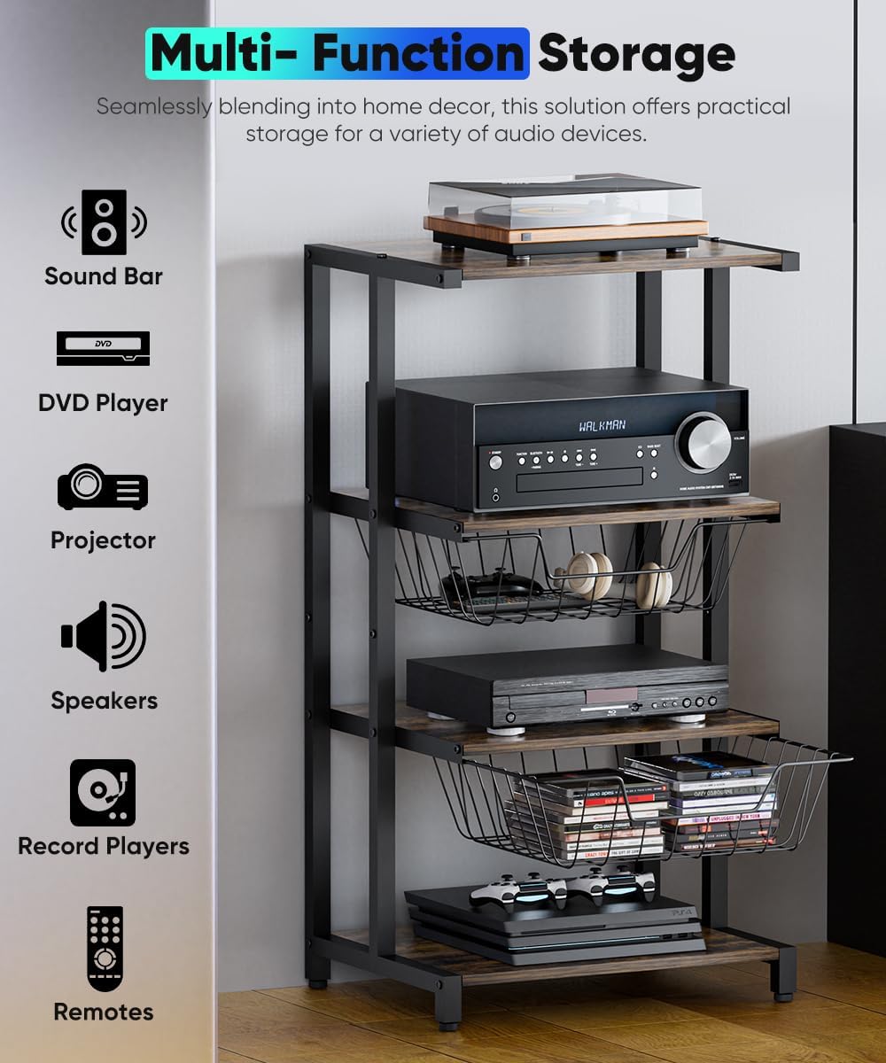 Media Stand with Two Detachable Baskets, 4-Tier AV Media Stand Corner Shelf for DVD Players/Cable Boxes/Games Consoles, Audio Storage Rack for Living Room, Gaming Room, Music Studio, Black
