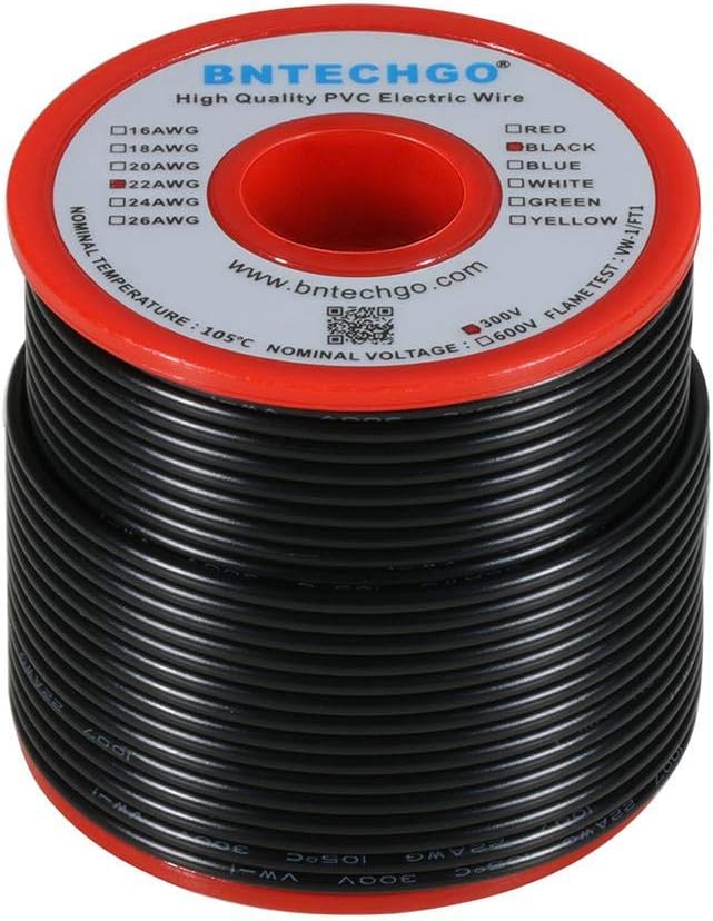 BNTECHGO 22 Gauge PVC 1007 Solid Electric Wire Black 100 ft 22 AWG 1007 Hook Up Tinned Copper Wire