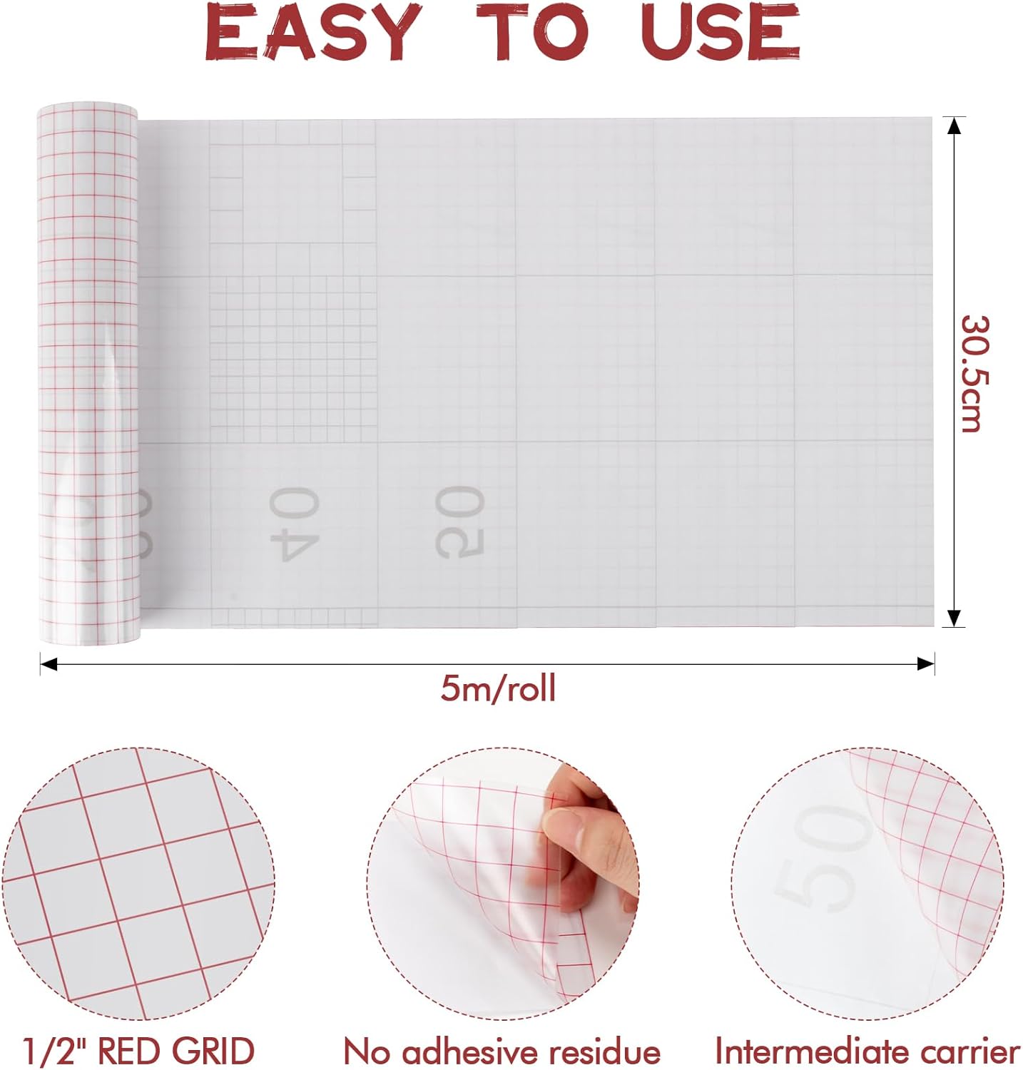 MAQIHAN Transfer Tape for Vinyl - 12 in x 16.4 FT Premium Vinyl Transfer Paper with Red Grid Application Low Tack Tape for Signs, Stickers, Decals, Letters