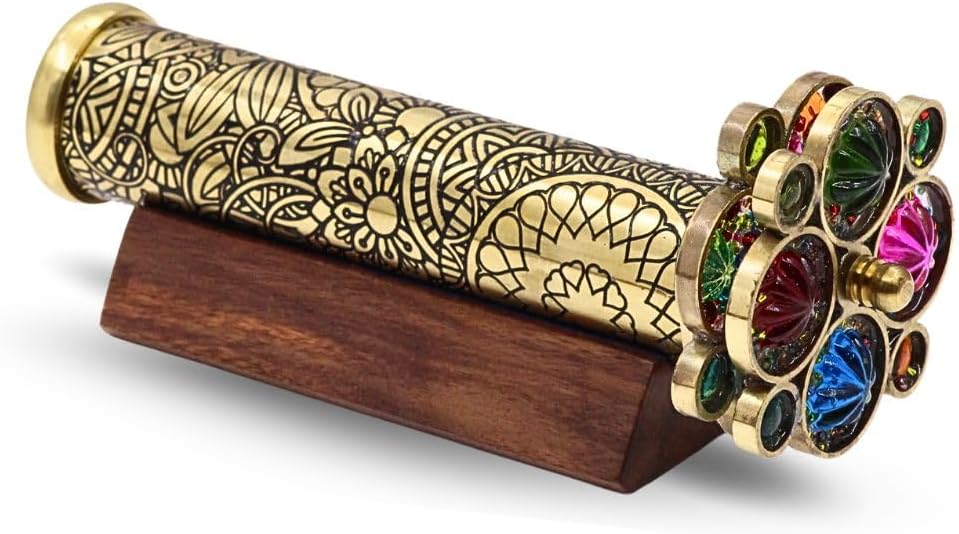 RII Handcrafted Etched Floral Pattern Lacquered Brass Kaleidoscope Includes Two Separate Turning Wheels-Unique Gift Ideas for Someone Special. (7"x1.25")