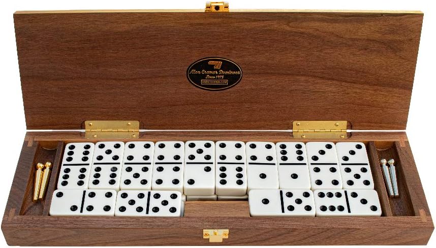 Alex Cramer Le Club Luxury Domino Set with Handcrafted Walnut Case and Cribbage/Counter Top - Tournament Quality 28 Indestructible (Domino Set with Personalized Brass Plate)