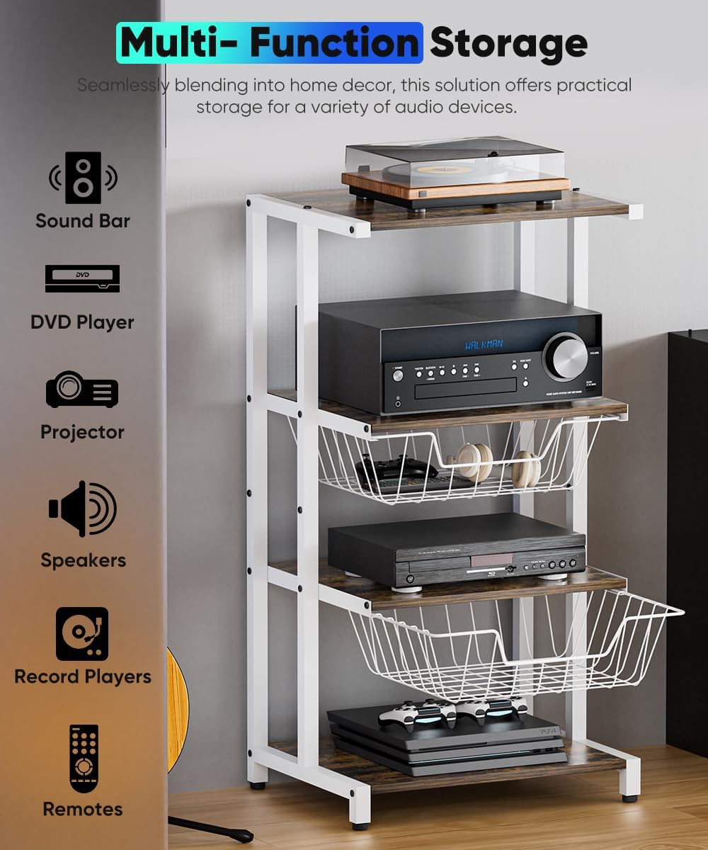 Media Stand with Two Detachable Baskets, 4-Tier AV Media Stand Corner Shelf for DVD Players/Cable Boxes/Games Consoles, Audio Storage Rack for Living Room, Gaming Room, Music Studio, White