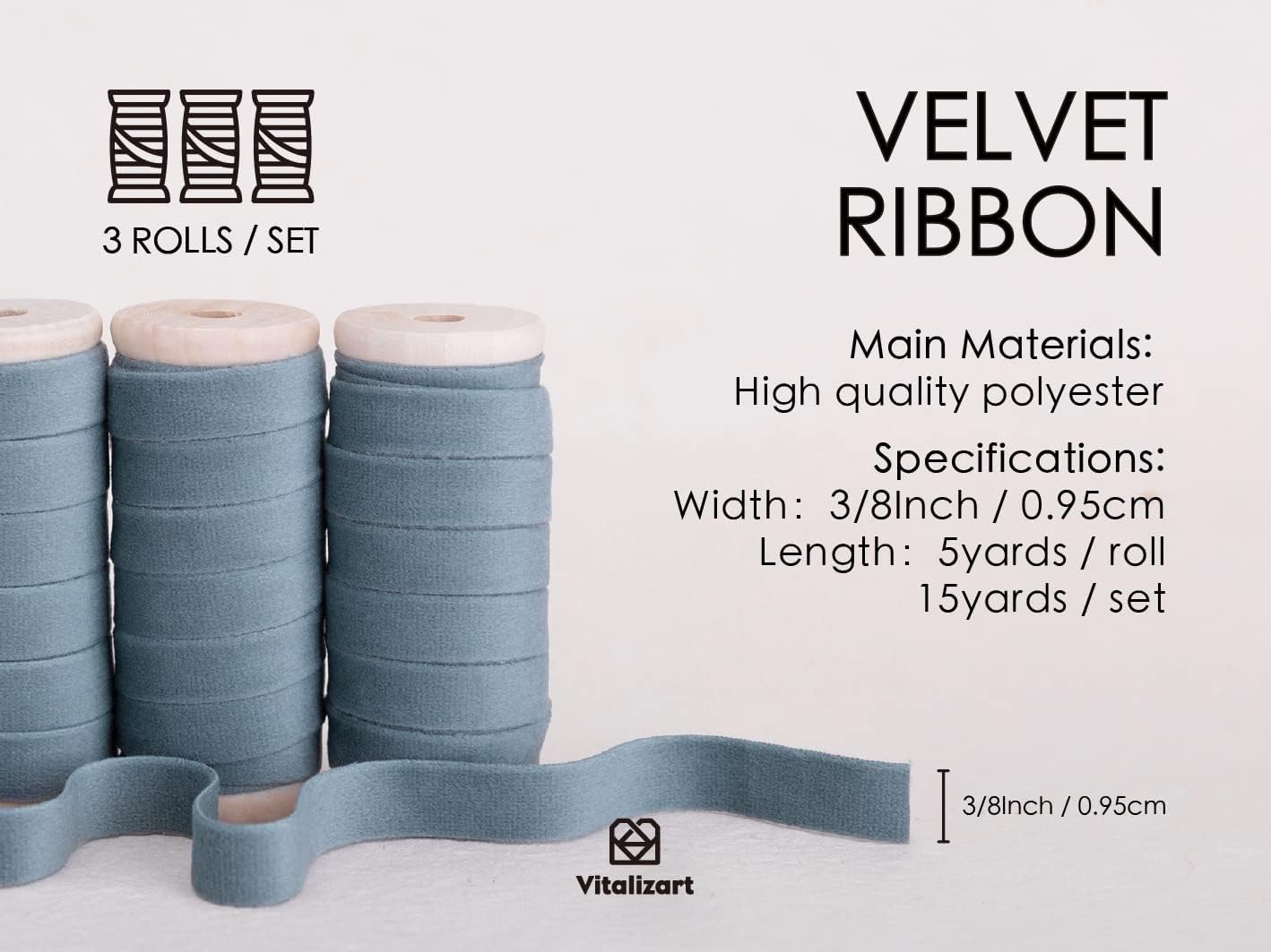 Vitalizart Dusty Blue Velvet Ribbon Set 3/8" x 15 Yd Wooden Spool Fabric Trim 3 Rolls * 5 Yd for Christmas Wreath Decoration Handmade Craft Ornaments Gift Wrapping & Bow Making