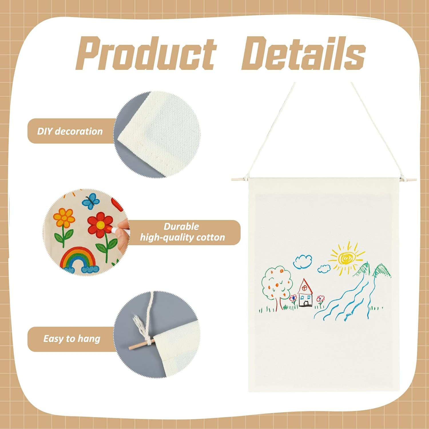 Mindsoft 48 Pcs Blank Canvas Banner Bulk Color Your Own Vertical Banner with Hanger with 12 Colorful Fabric Markers Pens Wall Display Banners for DIY 24 Students Paint Art Classroom School Camp Party