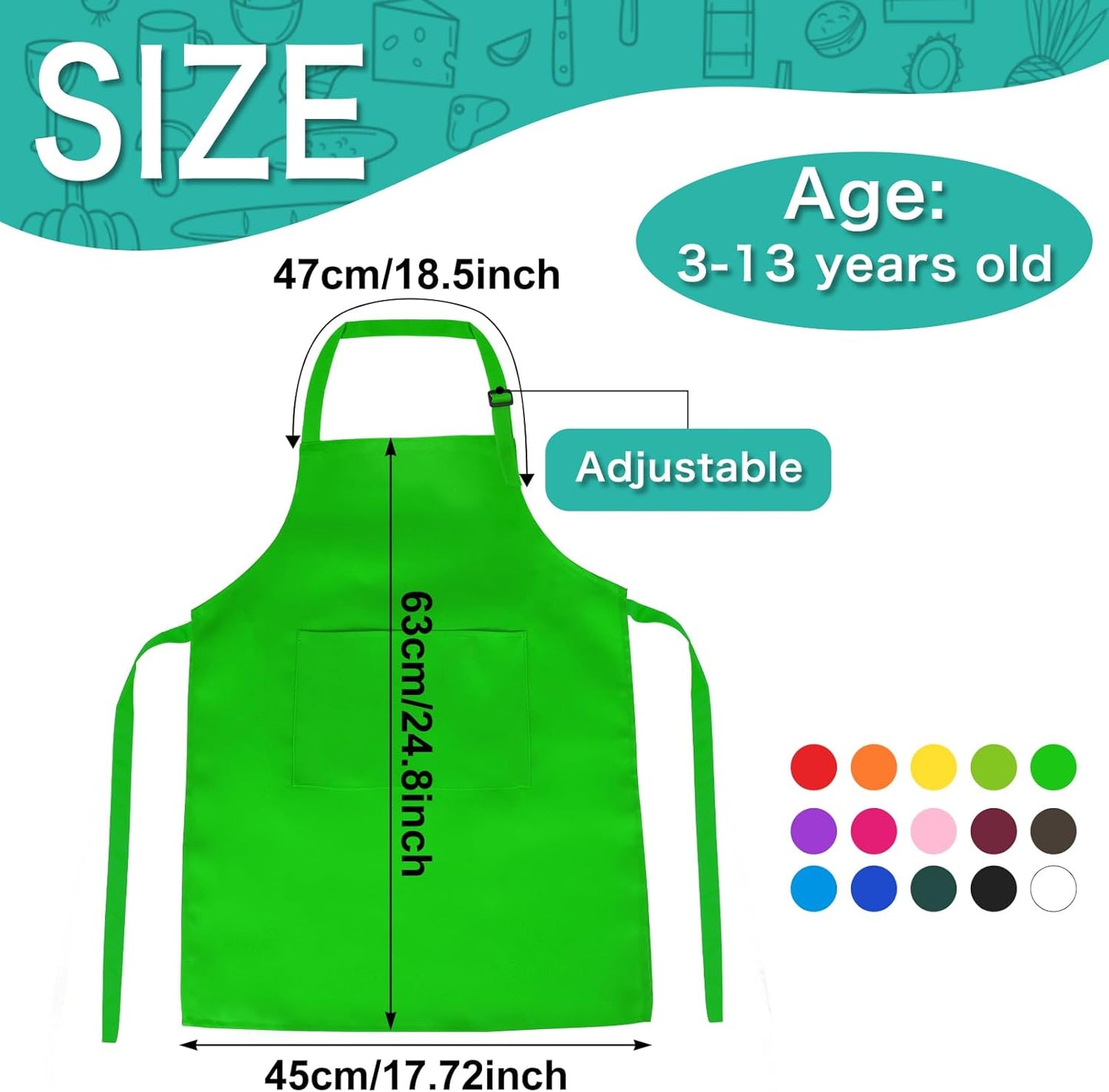 PLULON 18 Pcs Kids Apron Set Adjustable Children Art Aprons Bulk with 2 Pockets Artist Apron for Baking Painting Cooking Activity, Multicolor