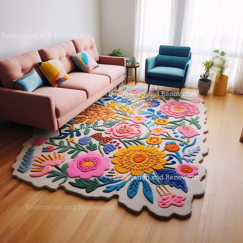Handmade Wool Floral Area Rug for Living Room | Elegant Flower Garden Design, Soft, Thick and Durable | Bedroom, Dining Room & Home Decor Carpet (5' x 8', Floral H)