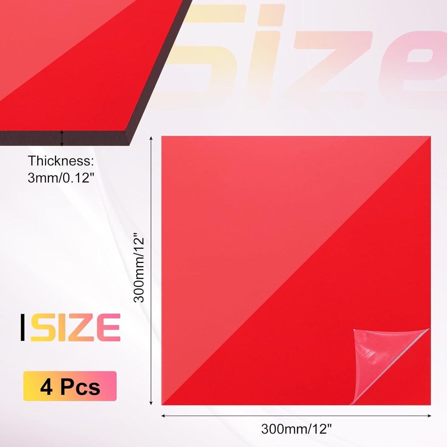 uxcell 4Pcs Acrylic Sheets 12x12 Inch Acrylic Panel 1/8 Inch-3mm Plastic Board for Picture Frames Sign Holders DIY Display Projects Craft, Clear Red