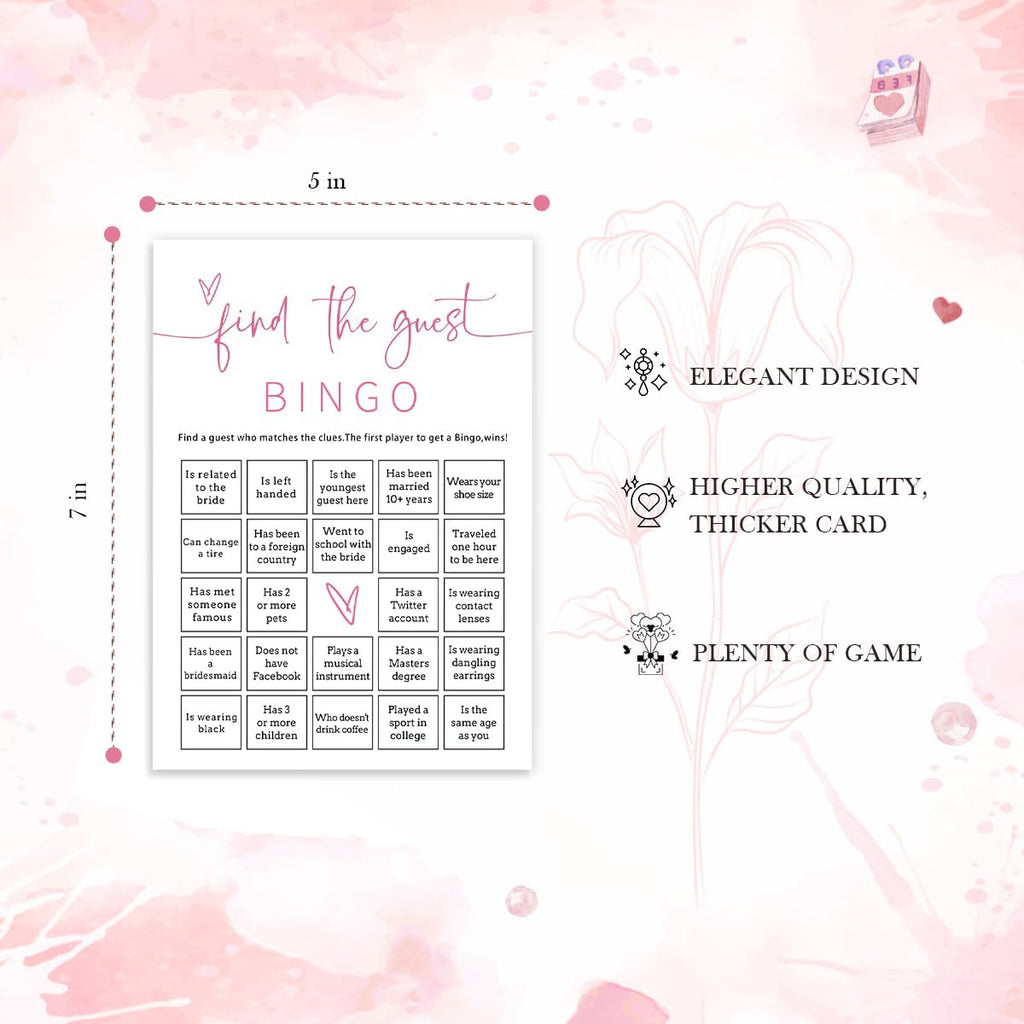 Bridal Shower Bingo, 25Pcs Prefilled Find The Guest Bingo Game Cards, Engagement Party Games for Guests, Pink Wedding Party Supplies - E17