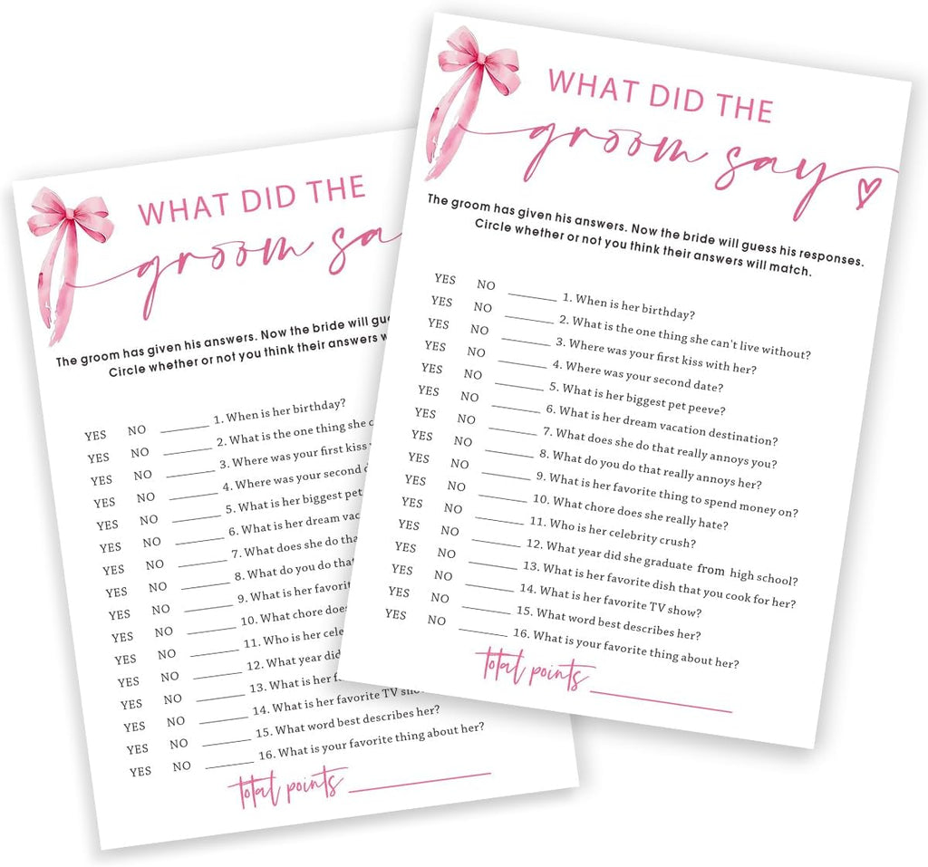 Wedding Shower Games Cards, What Did The Groom Say, Bridal Shower Games 25 Guests, Engagement Party Wedding Games for Guests, Pink Ribbon Bow Wedding Party Supplies - E12