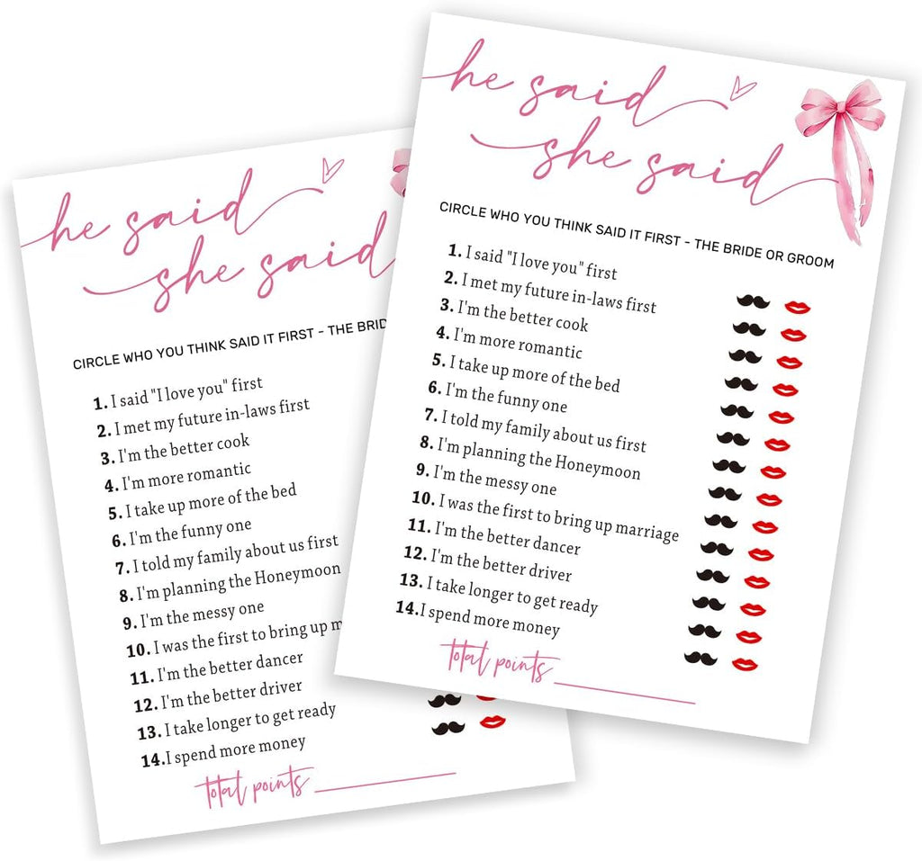 Wedding Shower Games Cards, Guest Who Said It, He Said She Said Game Cards, Bridal Shower Games 25 Guests, Engagement Party Wedding Games for Guests, Pink Ribbon Bow Wedding Party Supplies - E07