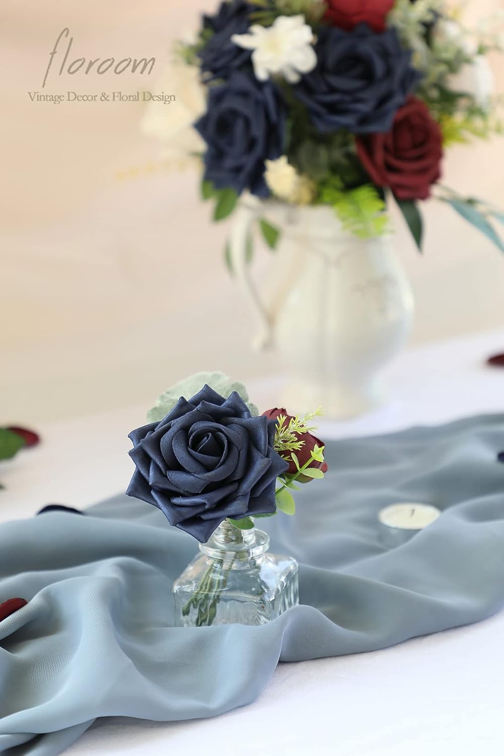 Floroom Artificial Flowers 16pcs 3.5" Real Looking Navy Blue Foam Fake Hybrid Tea Roses with Stems for DIY Wedding Bouquets Bridal Shower Centerpieces Floral Arrangements Party Tables Home Decoration