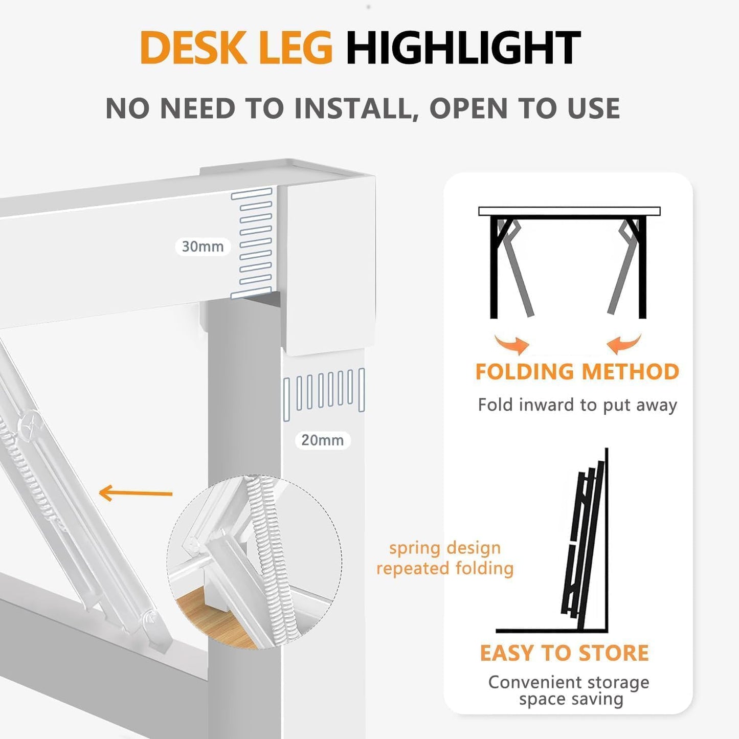 39.4 Inch Foldable Desks for Small Spaces,Foldable Desk No Assembly,Small Table for Bedroom,White.
