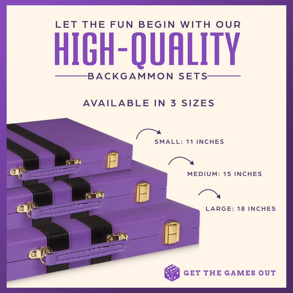 Get The Games Out Top Backgammon Set - Classic Board Game Case - Best Strategy & Tip Guide - Available in Small, Medium and Large Sizes (Purple, Medium)