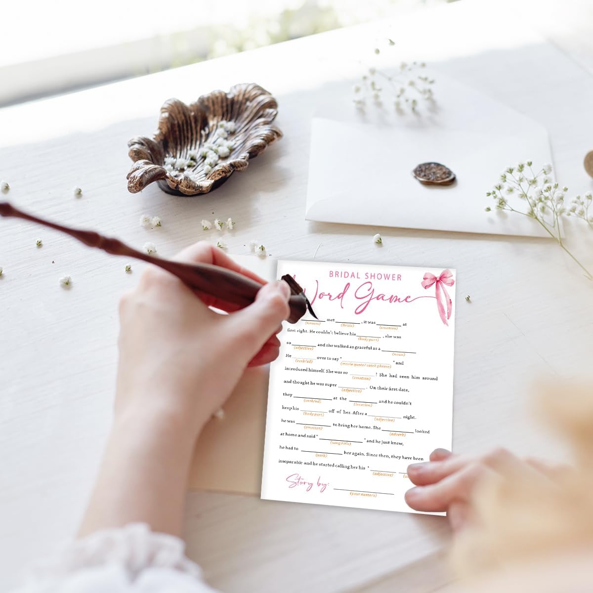 Wedding Shower Games Cards, Bridal Shower Word Game, Bridal Shower Games 25 Guests, Engagement Party Wedding Games for Guests, Pink Ribbon Bow Wedding Party Supplies - E16