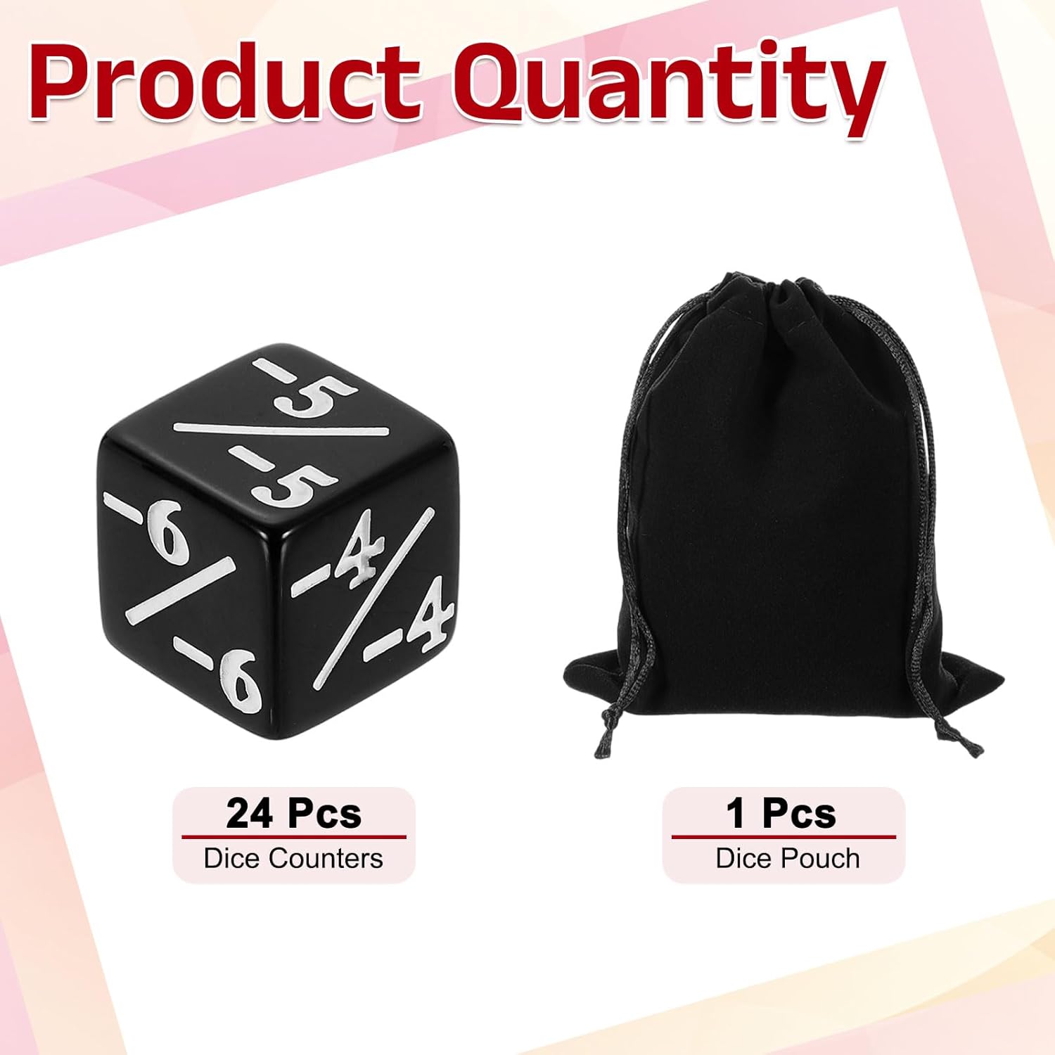 uxcell 24Pcs Magic Dice Counters, Acrylic D6 Life Token Dice Set with Pouch for Standard Cards Gaming Accessories, Black