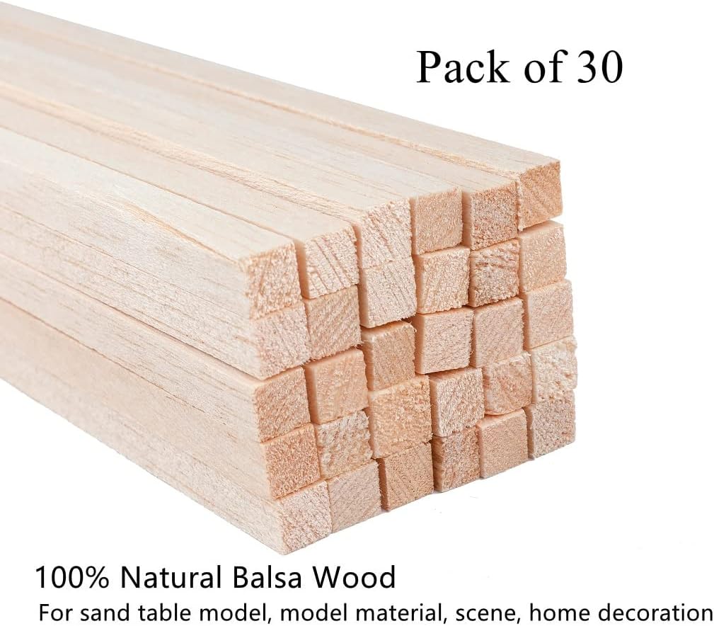 30 Pack Square Wood Dowel Rods 3/8x3/8x12 Inch Balsa Wood Sticks Natural Wood Color Unfinished Wood for Cricut Maker Make Models of House Airplane Ship Boat DIY Wooden(10x10x305mm)