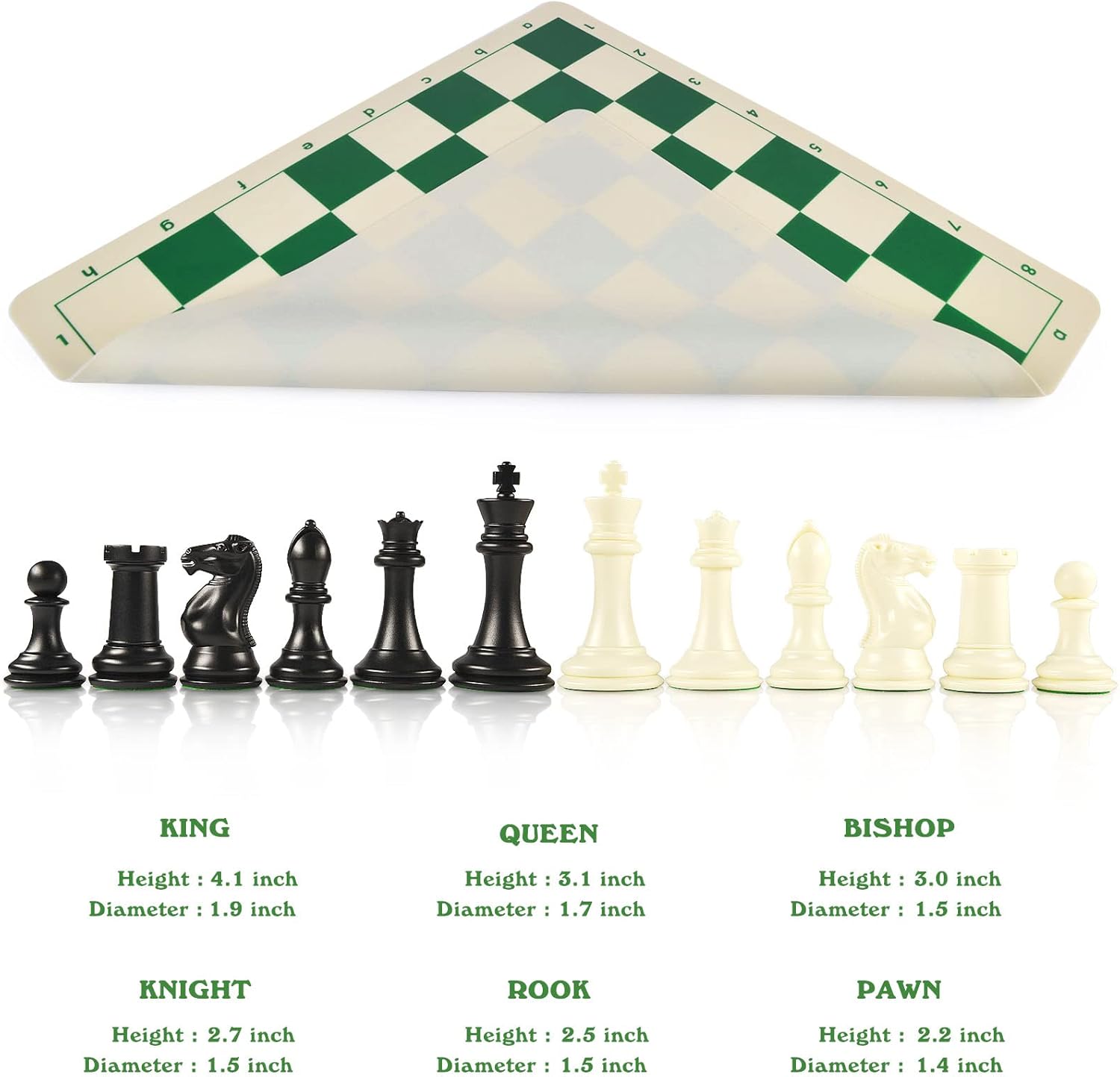 4" King Tournament Chess Set Foldable 20" Silicone Chess Board Mat with 2.2" Squares Green Color, Weighted Chess Pieces- 2 Extra Queens, Carrying Case for Storage and Travel
