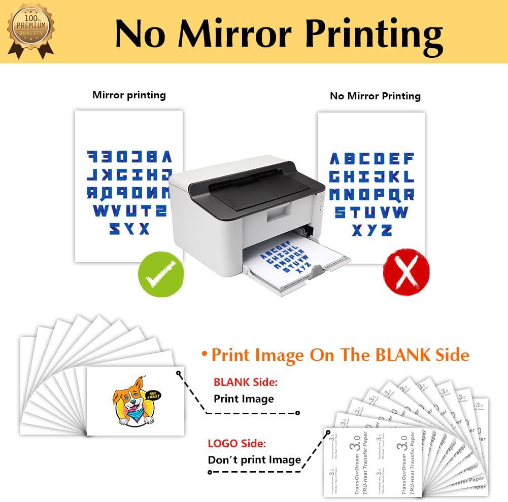 TransOurDream Tru-Heat Transfer Paper for Inkjet & Laserjet Printer (30 Sheets, 8.5x11", Dark 3.0) Printable HTV Heat Transfer Vinyl for T Shirts Iron on Transfers for Dark Fabrics (D3-33)